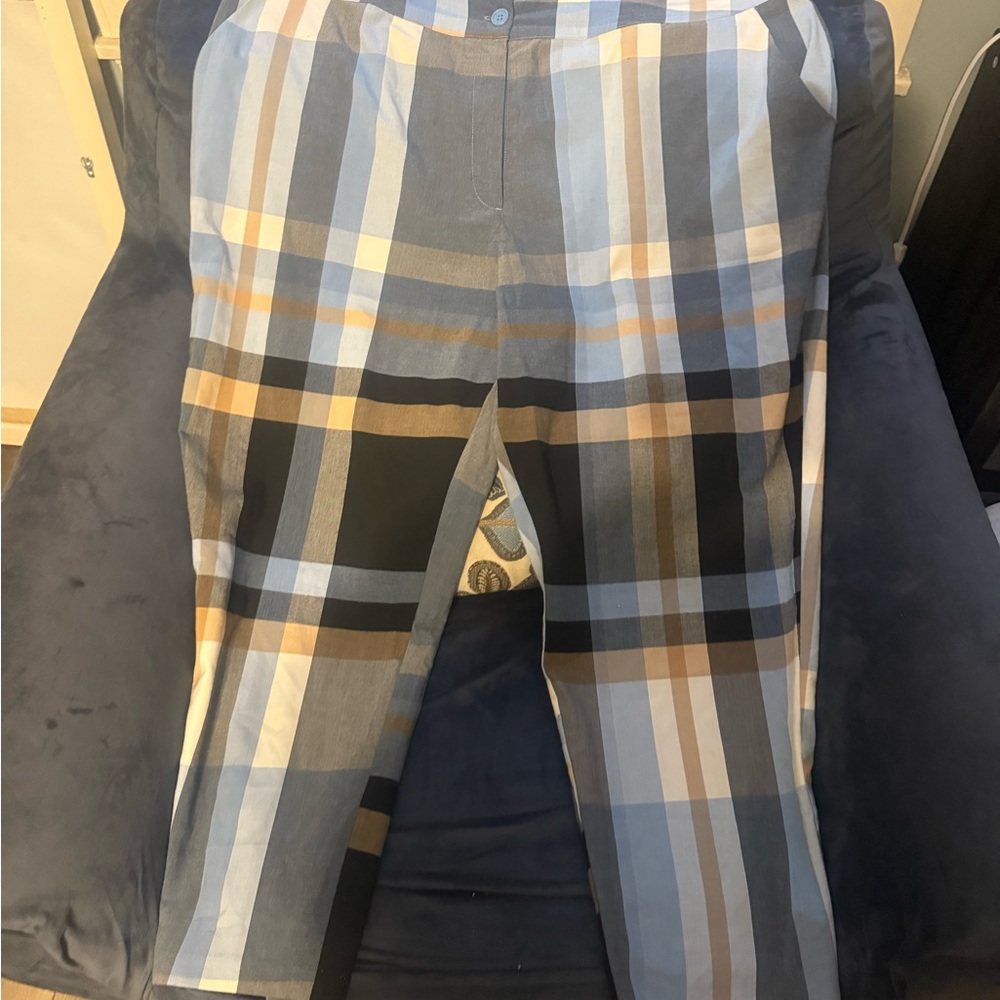 Blue and Black Chino Pants with Classic Plaid Design